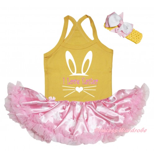 Easter Yellow Baby Halter Jumpsuit & Sparkle I Love Easter Painting & Light Pink Rabbit Pettiskirt JS6473