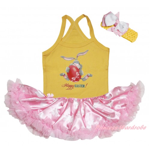 Easter Yellow Baby Halter Jumpsuit & Grey Rabbit Painting & Light Pink Rabbit Pettiskirt JS6475