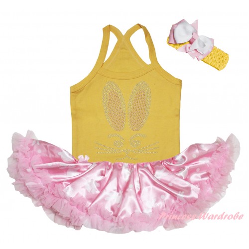Easter Yellow Baby Halter Jumpsuit & Sparkle Rhinestone Bunny Rabbit Print & Light Pink Rabbit Pettiskirt JS6477