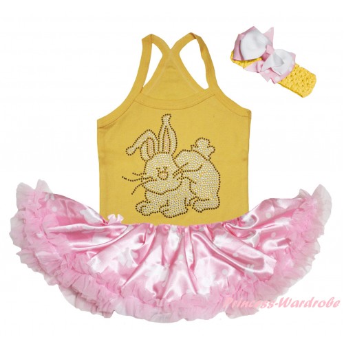 Easter Yellow Baby Halter Jumpsuit & Sparkle Rhinestone Grey Rabbit Print & Light Pink Rabbit Pettiskirt JS6478