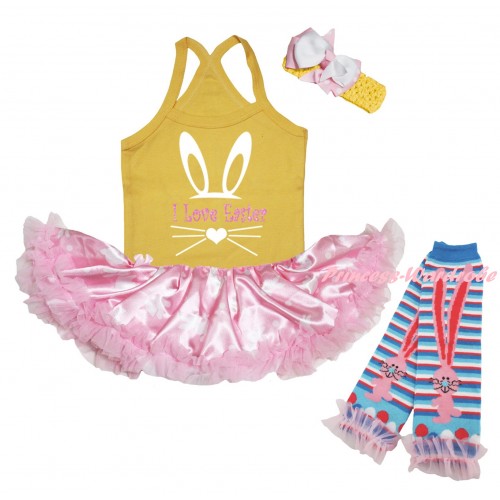 Easter Yellow Baby Halter Jumpsuit & Sparkle I Love Easter Painting & Light Pink Rabbit Pettiskirt & Warmers Leggings JS6479