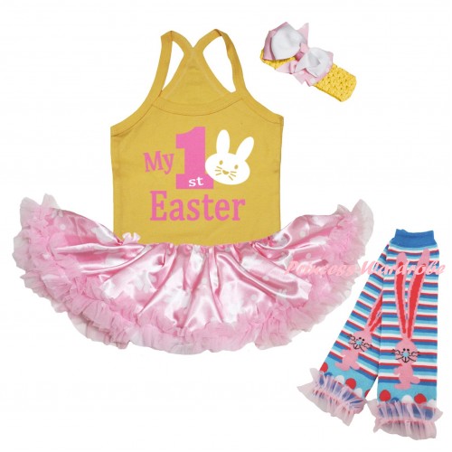 Easter Yellow Baby Halter Jumpsuit & Pink My 1st Easter White Bunny Painting & Light Pink Rabbit Pettiskirt & Warmers Leggings JS6480