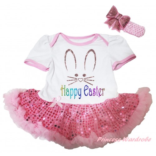 Easter White Baby Bodysuit Jumpsuit Light Pink Sequins Pettiskirt & Sparkle Happy Easter Bunny Face Painting JS6483