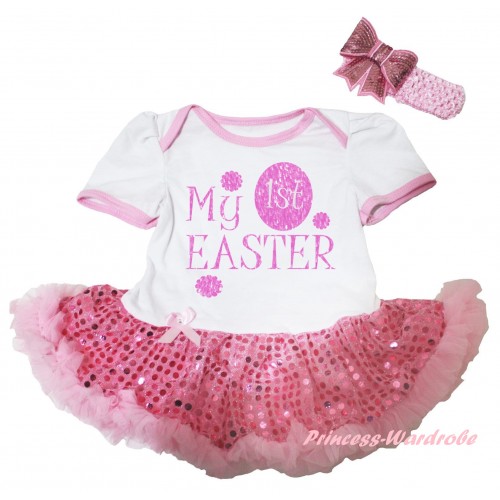 Easter White Baby Bodysuit Jumpsuit Light Pink Sequins Pettiskirt & Sparkle Pink My 1st Easter Painting JS6484