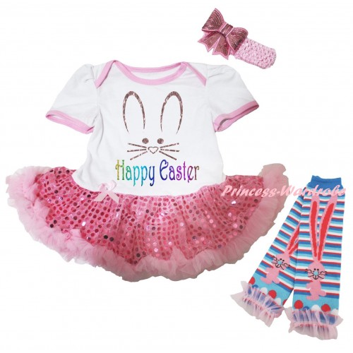 Easter White Baby Bodysuit Jumpsuit Light Pink Sequins Pettiskirt & Sparkle Happy Easter Bunny Face Painting & Warmers Leggings JS6485