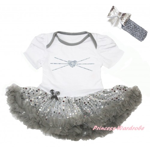 Easter White Baby Bodysuit Bling Grey Sequins Pettiskirt & Sparkle Grey Bunny Nose Painting JS6486