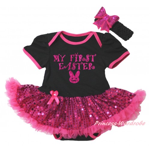 Easter Black Baby Bodysuit Bling Hot Pink Sequins Pettiskirt & Sparkle Hot Pink My First Easter Bunny Painting JS6490