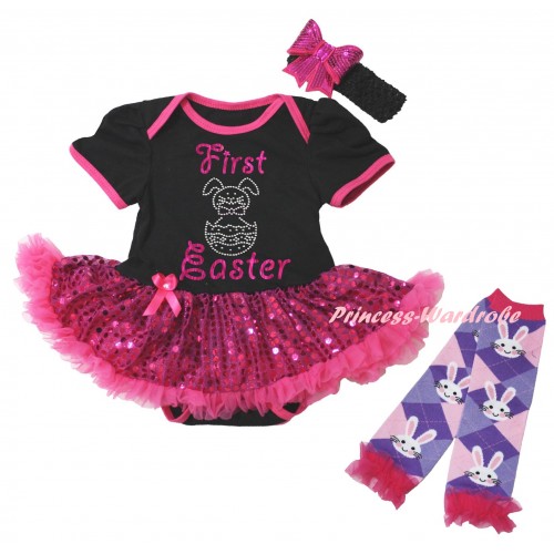 Easter Black Baby Bodysuit Bling Hot Pink Sequins Pettiskirt & Sparkle Pink First Easter Rhinestone Bunny Egg Print & Warmers Leggings JS6493
