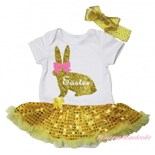 Easter White Baby Bodysuit Bling Yellow Sequins Pettiskirt & Pink Bow Sparkle Gold Easter Rabbit Painting JS6495
