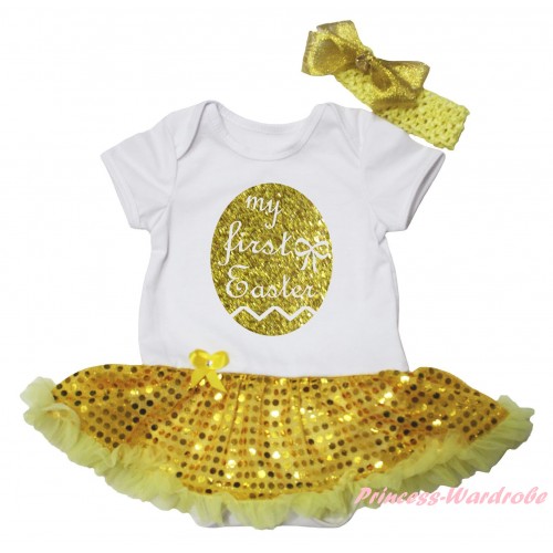 Easter White Baby Bodysuit Bling Yellow Sequins Pettiskirt & Sparkle Gold My First Easter Painting JS6496