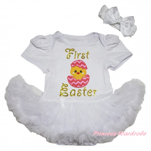 Easter White Baby Bodysuit White Pettiskirt & Sparkle Gold First Easter Chick Egg Print JS6497