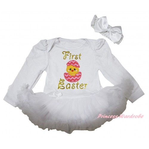 Easter White Long Sleeve Baby Bodysuit White Pettiskirt & Sparkle Gold First Easter Chick Egg Print JS6498
