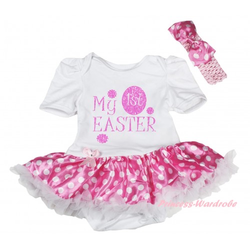 Easter White Baby Bodysuit Hot Pink White Dots Pettiskirt & Sparkle Pink My 1st Easter Painting JS6501