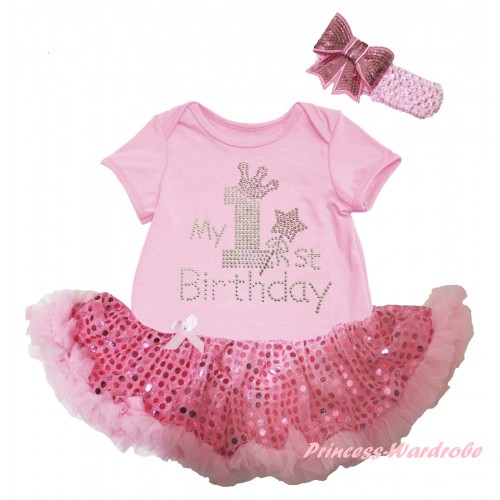Light Pink Baby Bodysuit Bling Light Pink Sequins Pettiskirt & Sparkle Rhinestone My 1st Birthday Print JS6511