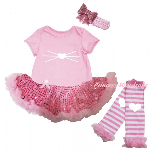 Easter Light Pink Baby Bodysuit Bling Light Pink Sequins Pettiskirt & White Bunny Nose Print & Warmers Leggings JS6514