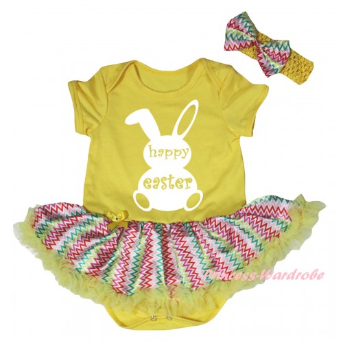 Easter Yellow Baby Bodysuit Rainbow Wave Pettiskirt & White Happy Easter Rabbit Painting JS6517