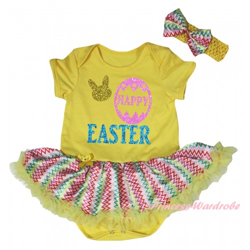 Easter Yellow Baby Bodysuit Rainbow Wave Pettiskirt & Sparkle Happy Easter Painting JS6518