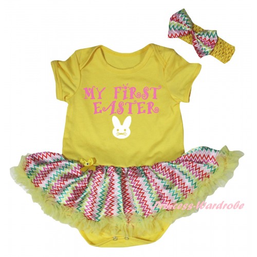 Easter Yellow Baby Bodysuit Rainbow Wave Pettiskirt & Pink My First Easter White Bunny Painting JS6519