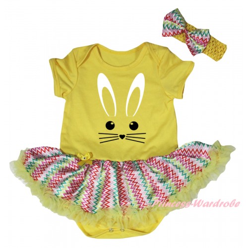 Easter Yellow Baby Bodysuit Rainbow Wave Pettiskirt & Easter Bunny Face Painting JS6520