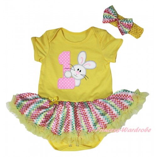 Easter Yellow Baby Bodysuit Rainbow Wave Pettiskirt & 1st Light Pink White Dots Birthday Number & Bunny Rabbit Print JS6521