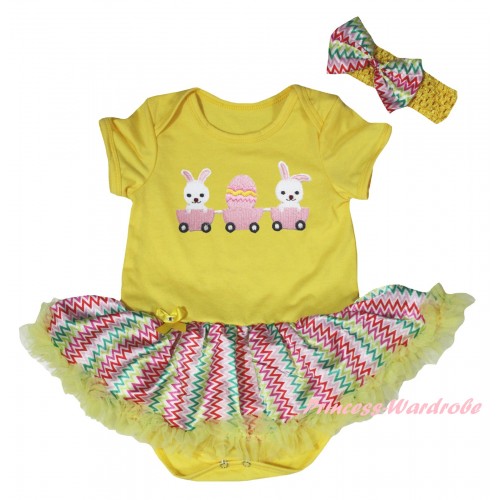 Easter Yellow Baby Bodysuit Rainbow Wave Pettiskirt & Bunny Rabbit Egg Print JS6522