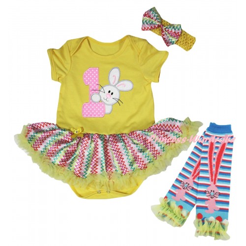 Easter Yellow Baby Bodysuit Rainbow Wave Pettiskirt & 1st Light Pink White Dots Birthday Number & Bunny Rabbit Print & Warmers Leggings JS6525