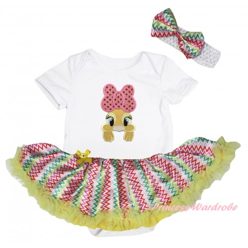Easter White Baby Bodysuit Rainbow Wave Pettiskirt & Pink Bow Bunny Rabbit Print JS6534