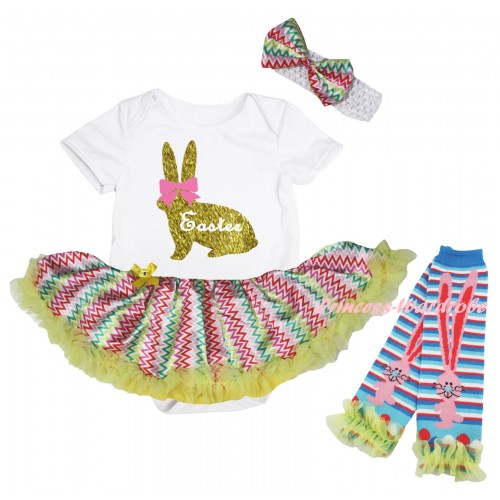 Easter White Baby Bodysuit Rainbow Wave Pettiskirt & Pink Bow Gold Easter Rabbit Painting & Warmers Leggings JS6535