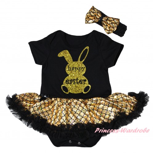 Easter Black Baby Jumpsuit Gold Scale Pettiskirt & Sparkle Gold Happy Easter Rabbit Painting JS6543