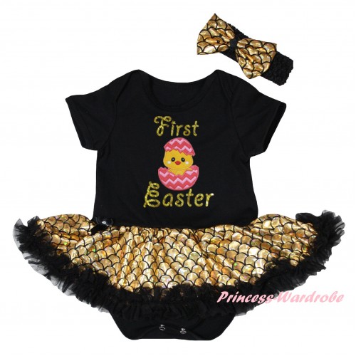 Easter Black Baby Jumpsuit Gold Scale Pettiskirt & Sparkle Gold First Easter Chick Egg Print JS6545