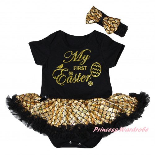 Easter Black Baby Jumpsuit Gold Scale Pettiskirt & Sparkle Gold My First Easter Painting JS6547