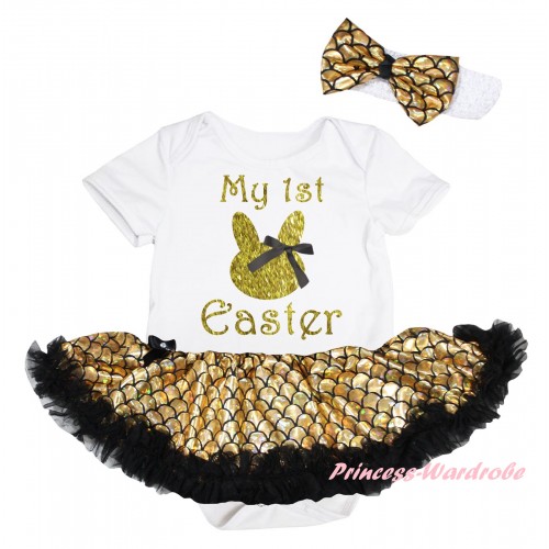 Easter White Baby Jumpsuit Gold Scale Pettiskirt & Black Bow Gold My 1st Easter Painting JS6563