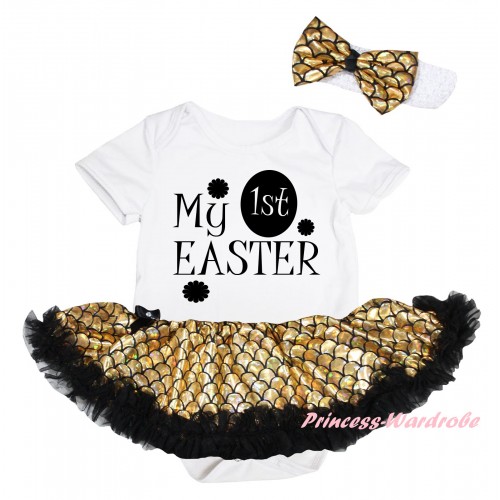 Easter White Baby Jumpsuit Gold Scale Pettiskirt & Black My 1st Easter Painting JS6565