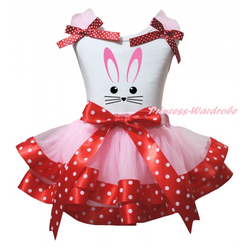 Easter White Baby Pettitop Light Pink Ruffles Minnie Dots Bows & Easter Bunny Face Painting & Light Pink Minnie Dots Trimmed Newborn Pettiskirt NG2433