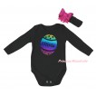 Easter Black Baby Jumpsuit & Sparkle Rainbow Olivia Easter Egg Painting & Black Headband Hot Pink Bow TH896