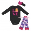 Easter Black Baby Jumpsuit & Sparkle Hot Pink Love Chick Egg Print & Black Headband Hot Pink Bow & Light Pink Ruffles Rabbit Leg Warmer Set TH924