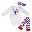 American's Birthday White Baby Jumpsuit & My First 4th Of July Painting & Blue Headband Bow & Red Ruffles Red White Blue Wave Leg Warmer Set TH925