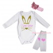 Easter White Baby Jumpsuit & Sparkle I Love Easter Painting & Pink Headband Bow & White Light Pink Heart Print Leg Warmer Set TH929