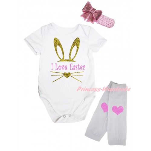 Easter White Baby Jumpsuit & Sparkle I Love Easter Painting & Pink Headband Bow & White Light Pink Heart Print Leg Warmer Set TH929