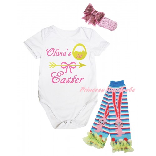 Easter White Baby Jumpsuit & Olivia's 1st Easter Painting & Pink Headband Bow & Yellow Ruffles Rabbit Leg Warmer Set TH930