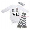 Easter White Baby Jumpsuit & Black Love Bunny Tie Print & Grey Headband Bow & Grey Ruffles Grey White Wave Leg Warmer Set TH932