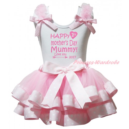 Mother's Day White Tank Top Light Pink Ruffles Pink White Dots Bow & Pink Happy 1st Mother's Day Mummy Love You 2017 Painting & Light Pink White Dots Trimmed Pettiskirt MG2933