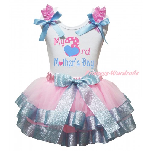 Mother's Day White Pettitop Sparkle Light Pink Ruffles Light Blue Bows & My 3rd Mother's Day Painting & Light Pink Sparkle Blue Trimmed Pettiskirt MG2939