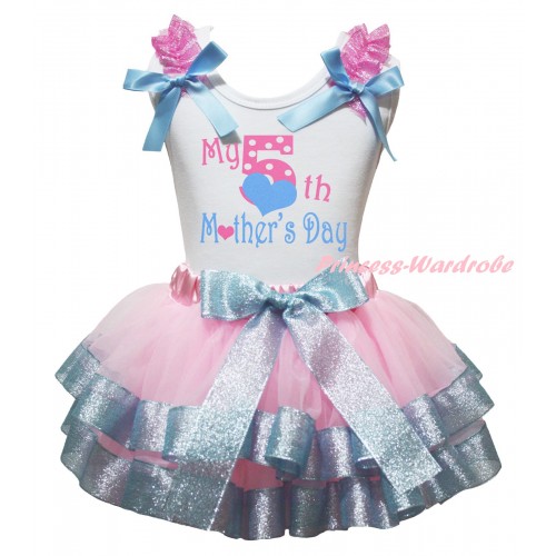 Mother's Day White Pettitop Sparkle Light Pink Ruffles Light Blue Bows & My 5th Mother's Day Painting & Light Pink Sparkle Blue Trimmed Pettiskirt MG2941