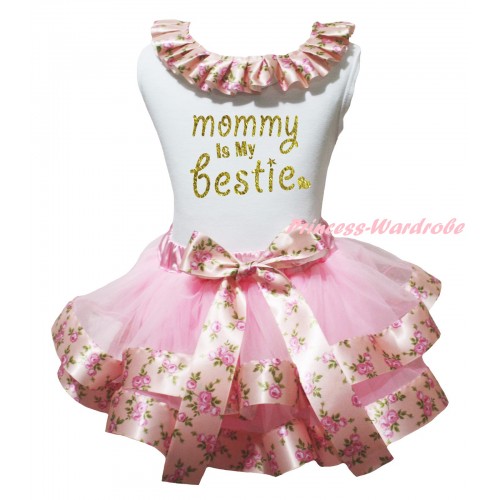 Mother's Day White Tank Top Pink Rose Fusion Lacing & Sparkle Gold Mommy Is My Bestie Painting & Light Pink Rose Fusion Trimmed Pettiskirt MG2944