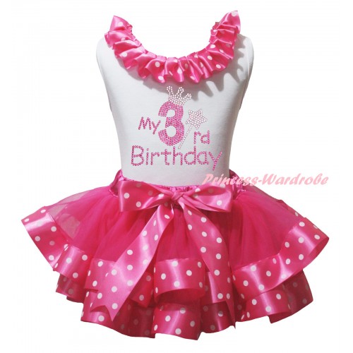 White Pettitop Hot Pink White Dots Lacing & Sparkle Rhinestone My 3rd Birthday Print & Hot Pink White Dots Trimmed Pettiskirt MG2947