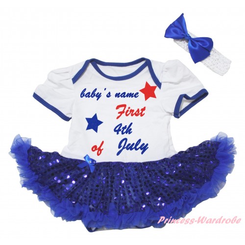 American's Birthday White Baby Bodysuit Jumpsuit Bling Royal Blue Sequins Pettiskirt & Baby's Name First 4th of July Painting JS6579
