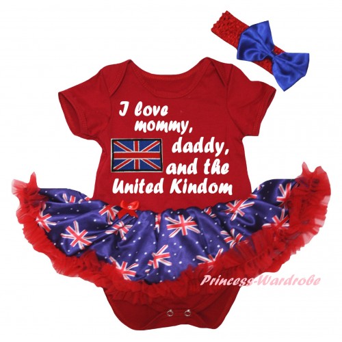 American's Birthday Red Baby Bodysuit Jumpsuit Red Patriotic British Pettiskirt & Patriotic British Flag I Love Mommy, Daddy, And The United Kindom Painting JS6597