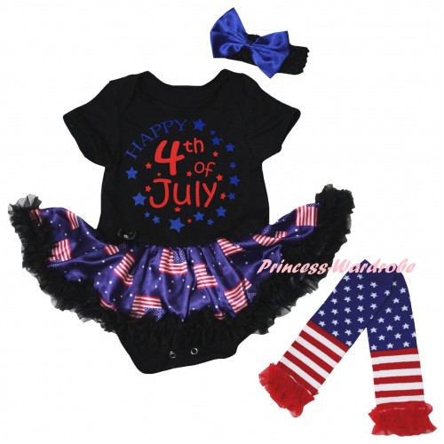 American's Birthday Black Baby Bodysuit Jumpsuit Black Patriotic American Pettiskirt & Happy 4th Of July Painting & Warmers Leggings JS6615