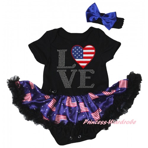 American's Birthday Black Baby Bodysuit Jumpsuit Black Patriotic American Pettiskirt & Love American Heart Print JS6616